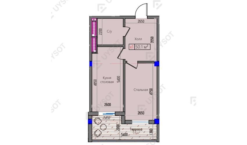 1-xonali xonadon 50.1 m²  2/16 qavat | Park Avenue Turar-joy majmuasi