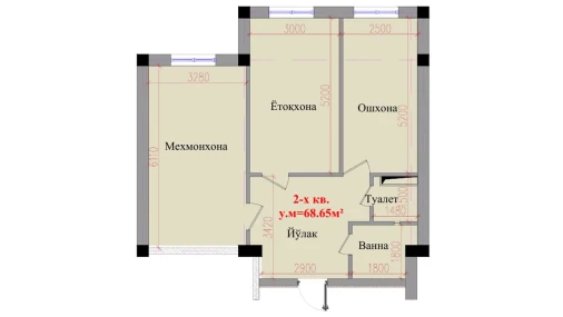 2-комнатная квартира 68.65 м²  1/8 этаж | Жилой комплекс Saxro