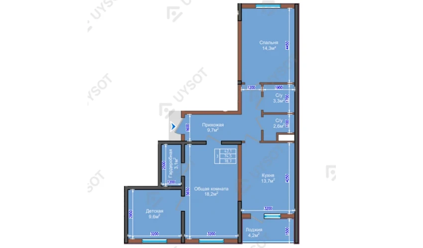 3-xonali xonadon 78.7 m²  2/9 qavat | NUR HAYAT Turar-joy majmuasi