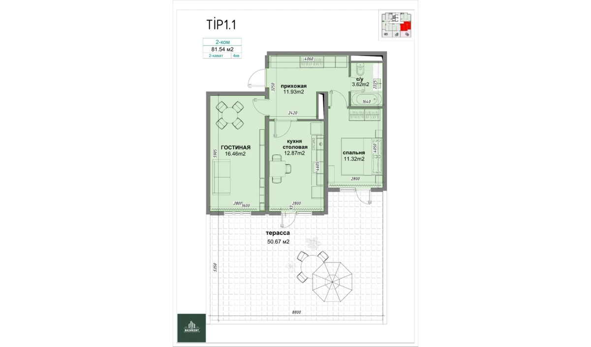 2-xonali xonadon 81.54 m²  2/16 qavat | BASHKENT Turar-joy majmuasi