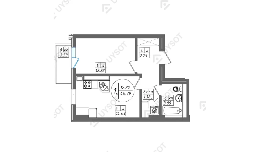 2-комнатная квартира 61.99 м²  8/14 этаж | Жилой комплекс SUN