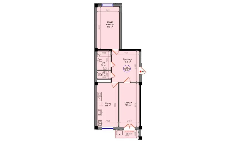 2-xonali xonadon 76.5 m²  11/12 qavat | Zamin Jizzax Turar-joy majmuasi