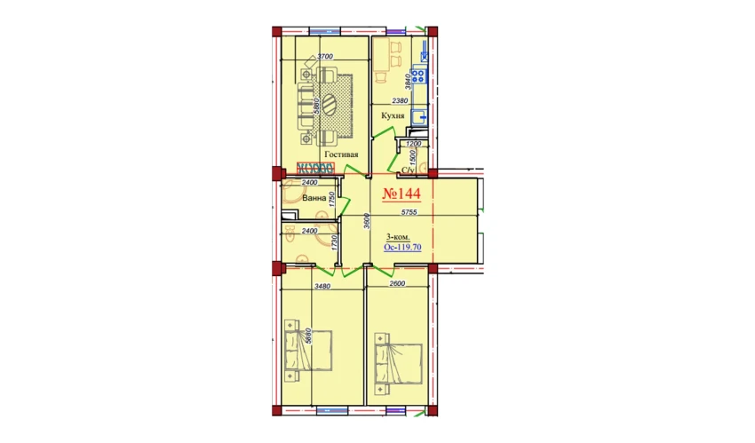 3-комнатная квартира 119.7 м²  6/9 этаж | Жилой комплекс ZAR ZAMONAVIY UYLAR