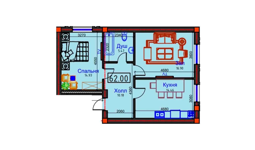 2-комнатная квартира 62 м²  1/7 этаж | Жилой комплекс BAHOR