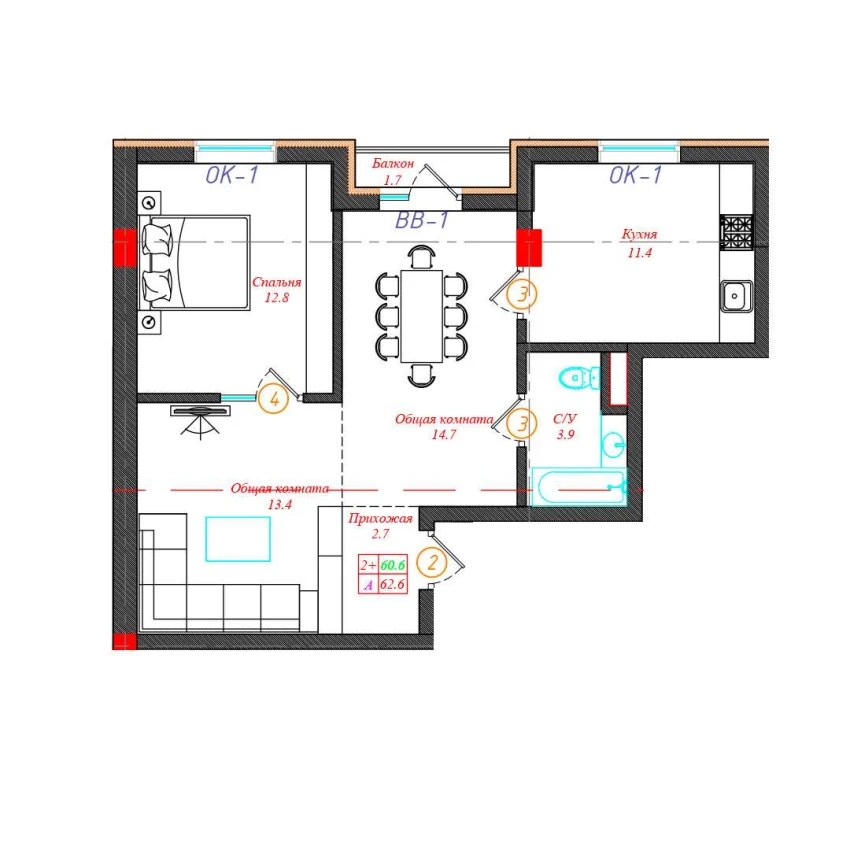 2-xonali xonadon 62.6 m²  2/12 qavat | CHINARA PARK Turar-joy majmuasi