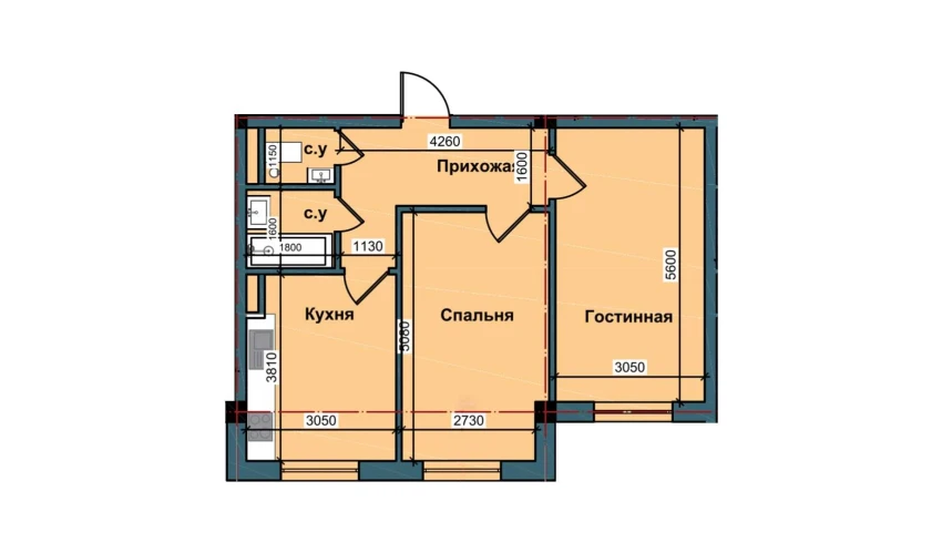 2-комнатная квартира 59.4 м²  1/9 этаж | Жилой комплекс NUR BARAKA