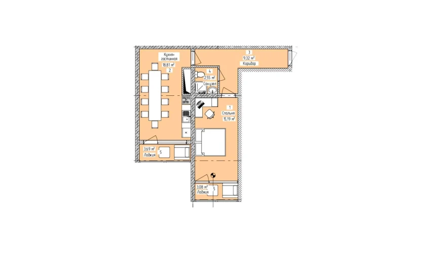 2-комнатная квартира 52.82 м²  12/16 этаж | Жилой комплекс ELITE ECO CITY