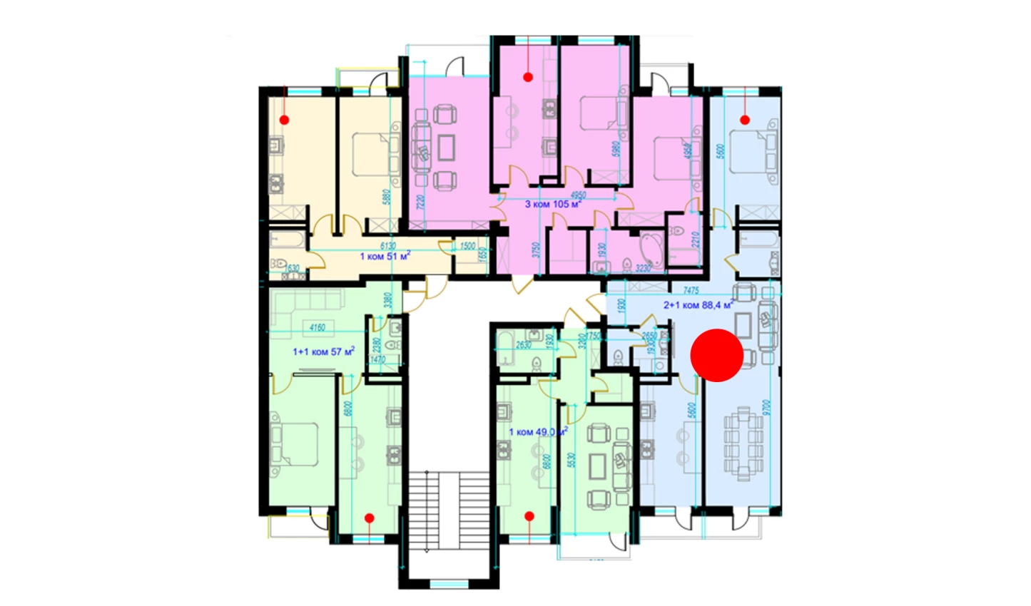 3-xonali xonadon 88.4 m²  1/9 qavat | Rohat Turar-joy majmuasi