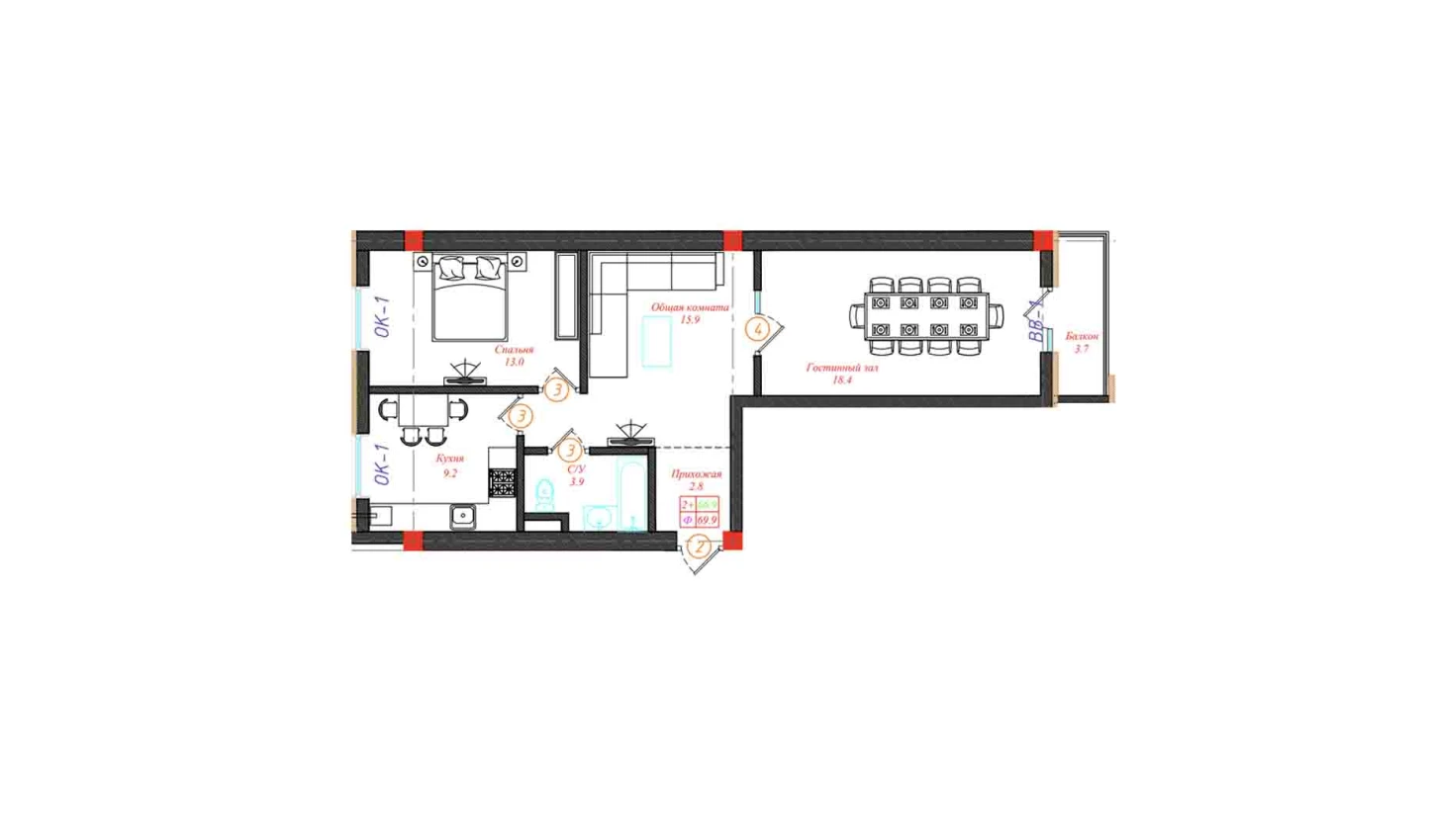 2-xonali xonadon 69.9 m²  3/12 qavat | CHINARA PARK Turar-joy majmuasi