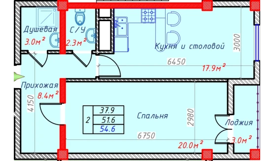 2-комнатная квартира 54.6 м²  4/9 этаж | Жилой комплекс Hakimi Towers