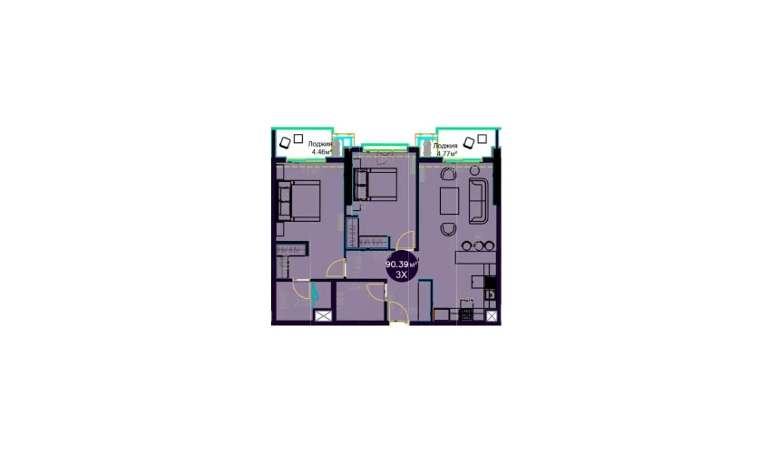 3-комнатная квартира 90.39 м²  13/22 этаж | Жилой комплекс Central Avenue