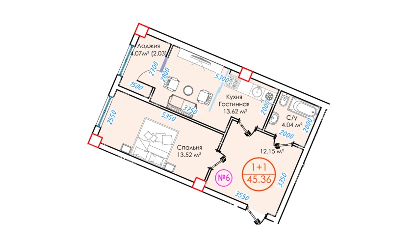 1-комнатная квартира 45.36 м²  7/16 этаж | Жилой комплекс ALFA CITY