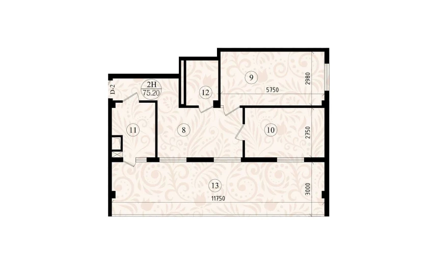 2-комнатная квартира 75.2 м²  8/8 этаж | Жилой комплекс YASHIL VODIY RESIDENCE