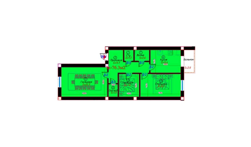 3-комнатная квартира 76.3 м²  4/6 этаж | Жилой комплекс Sohil bo'yi