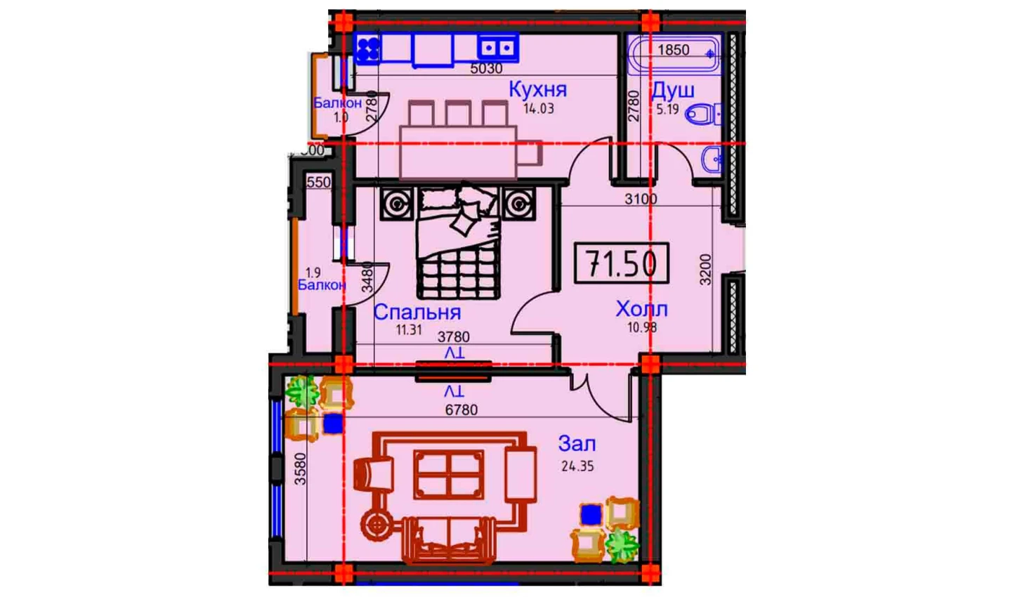 2-xonali xonadon 71.5 m²  4/8 qavat | BAHOR Turar-joy majmuasi