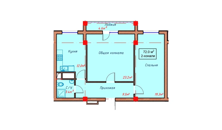 2-комнатная квартира 72 м²  6/10 этаж | Жилой комплекс Orzular