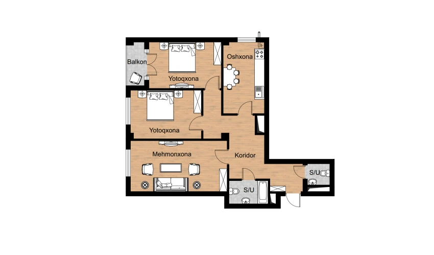 3-комнатная квартира 87.8 м²  4/16 этаж | Жилой комплекс Musaffo