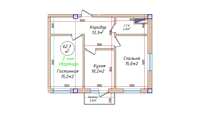 2-xonali xonadon 62.7 m²  3/5 qavat | Oq mahalla Turar-joy majmuasi