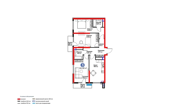 3-xonali xonadon 92.28 m²  9/16 qavat | BI SAN'AT Turar-joy majmuasi