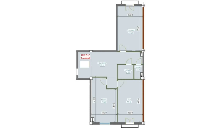 2-комнатная квартира 102.7 м²  5/9 этаж | Жилой комплекс YANGI AVLOD