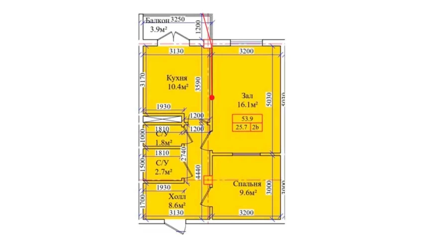 2-комнатная квартира 53.9 м²  9/9 этаж | Жилой комплекс CHIRCHIQ CITY