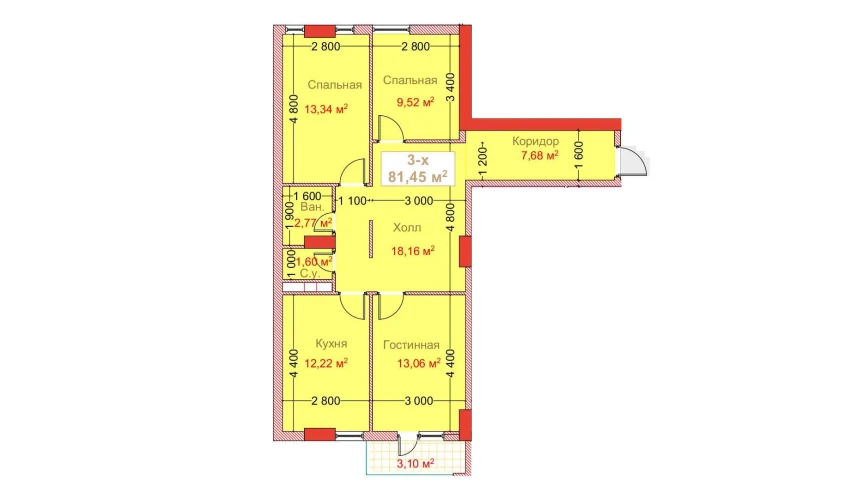 3-xonali xonadon 81.45 m²  8/8 qavat | CAPITAL AVENUE Turar-joy majmuasi