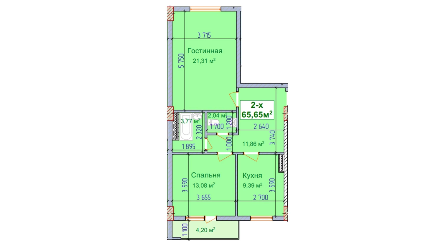 2-комн. квартира 65.65 м²  4/9 этаж | Жилой комплекс SHAYX-UL OLAM