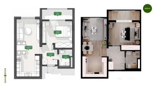 2-xonali xonadon 48.67 m²  2/6 qavat | Ugam River Turar-joy majmuasi