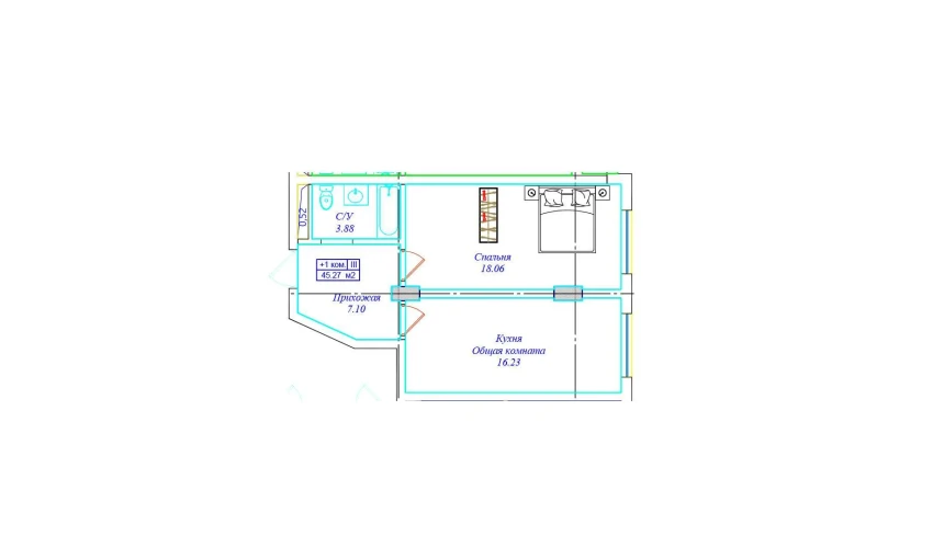 1-xonali xonadon 45.27 m²  5/9 qavat | UCHTEPA CITY Turar-joy majmuasi
