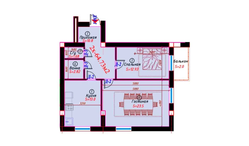 2-xonali xonadon 64.73 m²  6/6 qavat | Sohil bo'yi Turar-joy majmuasi