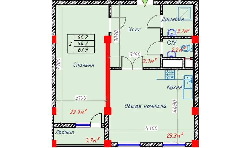 2-комнатная квартира 67.9 м²  7/9 этаж | Жилой комплекс Hakimi Towers