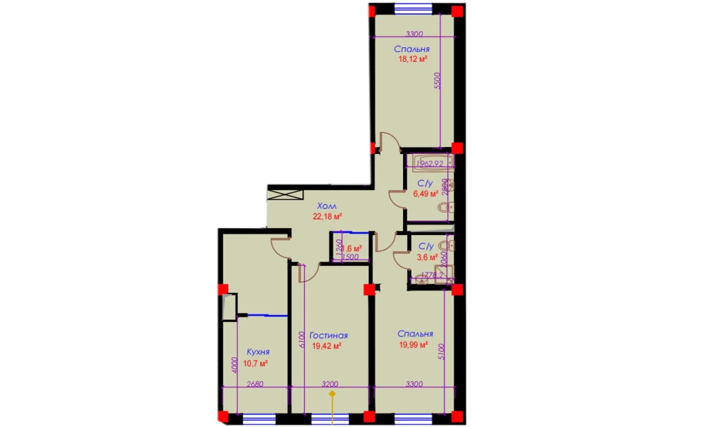 3-xonali xonadon 105.02 m²  10/10 qavat | Ko'kcha-Oqtepa Turar-joy majmuasi