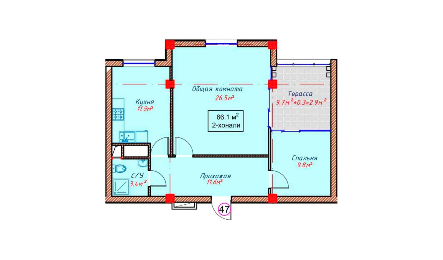 3-комн. квартира 66.1 м² 10/10 этаж | Жилой комплекс Orzular 3-комн. квартира 66.1 м² 10/10 этаж | Жилой комплекс Orzular