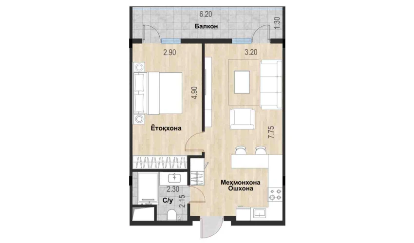 2-комнатная квартира 54.66 м²  3/7 этаж | Жилой комплекс Bochka Resort