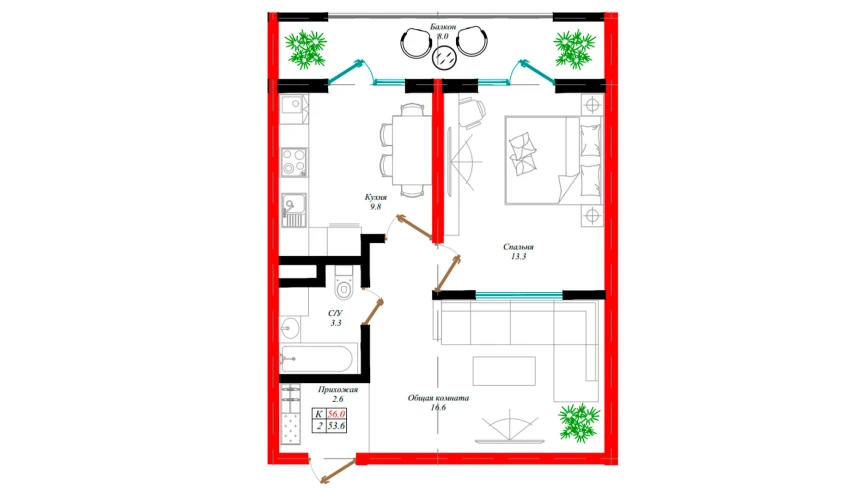 2-комнатная квартира 50 м²  8/12 этаж | Жилой комплекс Aman Residence
