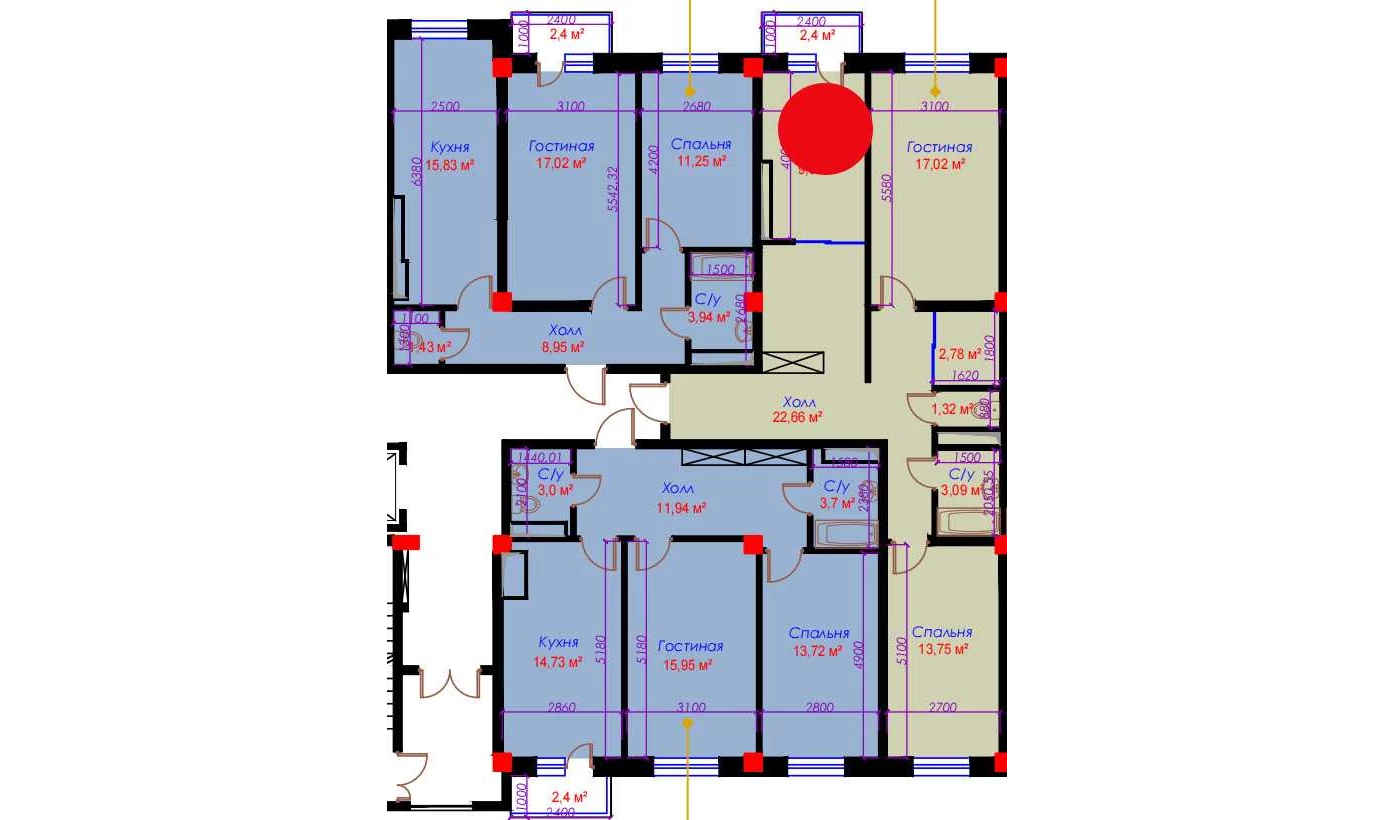 2-xonali xonadon 73.76 m²  4/10 qavat | Ko'kcha-Oqtepa Turar-joy majmuasi