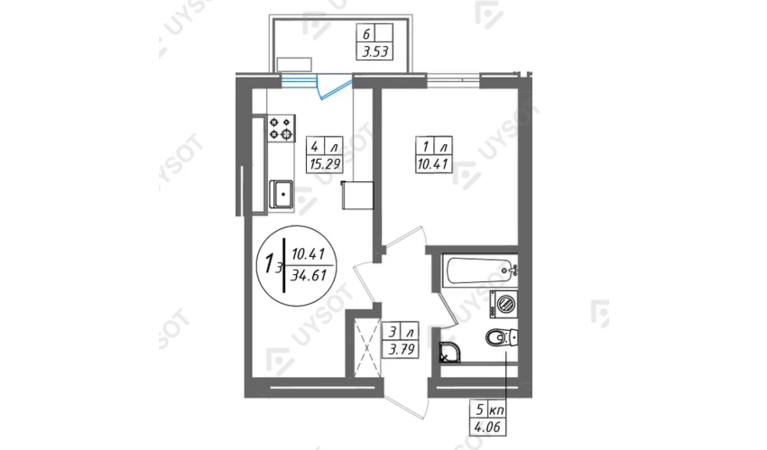 1-xonali xonadon 34.61 m²  11/11 qavat | SUN Turar-joy majmuasi