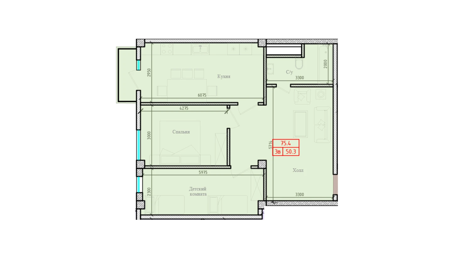 3-комн. квартира 75.4 м² 2/7 этаж | Жилой комплекс Gulbadanbegim 3-комн. квартира 75.4 м² 2/7 этаж | Жилой комплекс Gulbadanbegim