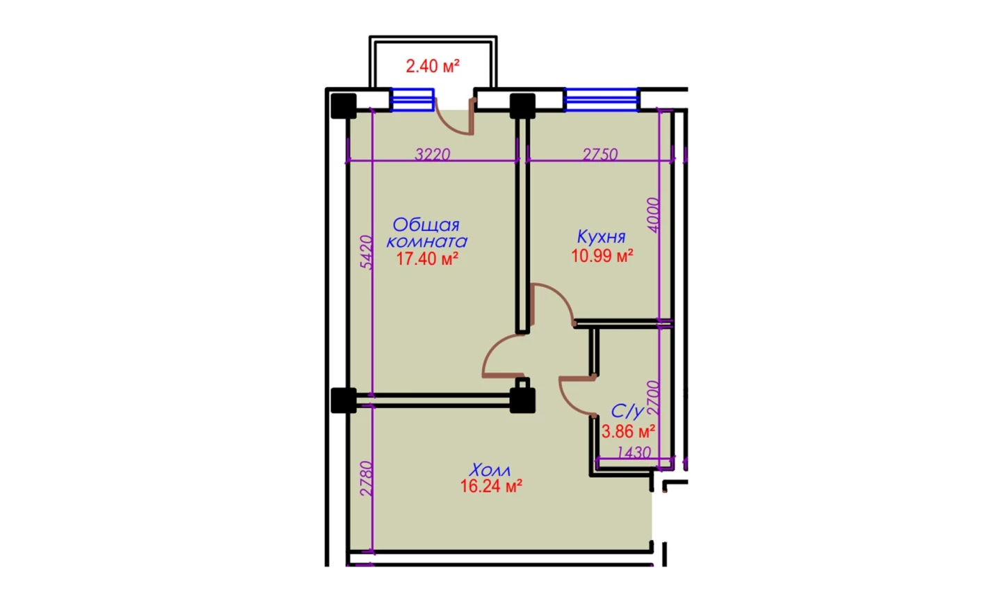1-xonali xonadon 50.89 m²  9/10 qavat | Ko'kcha-Oqtepa Turar-joy majmuasi