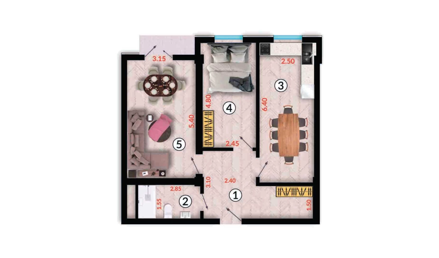 2-xonali xonadon 63.6 m²  4/10 qavat | Ko'kcha-Oqtepa Turar-joy majmuasi