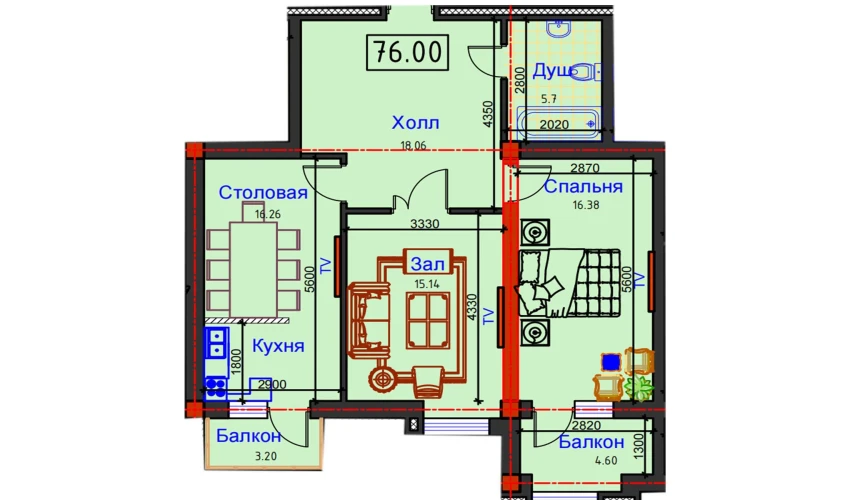 2-комнатная квартира 79.5 м²  6/12 этаж | Жилой комплекс GAGARIN AVENUE