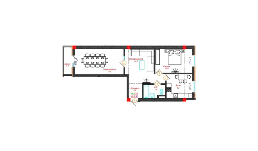 2-комнатная квартира 69.9 м²  6/12 этаж | Жилой комплекс CHINARA PARK