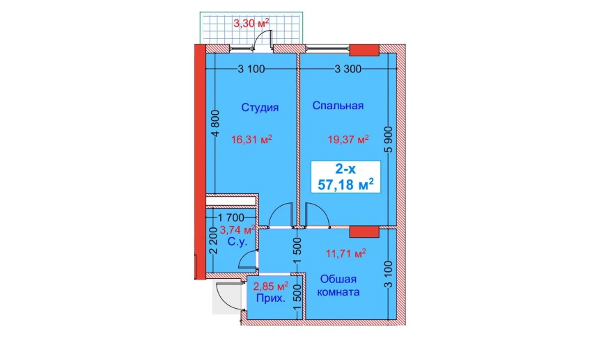 2-комнатная квартира 57.18 м²  8/8 этаж | Жилой комплекс CAPITAL AVENUE