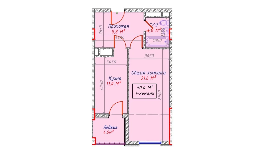 1-комнатная квартира 50.4 м²  16/16 этаж | Жилой комплекс Sam House (Qora Suv)