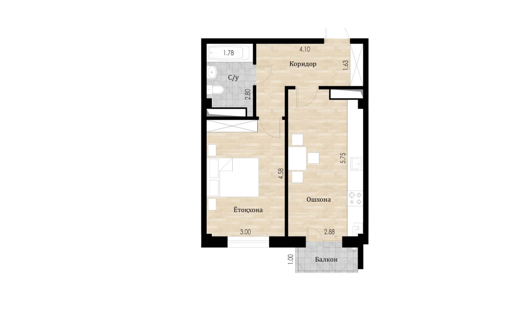 2-xonali xonadon 45.41 m²  8/10 qavat | Ko'kcha-Oqtepa Turar-joy majmuasi