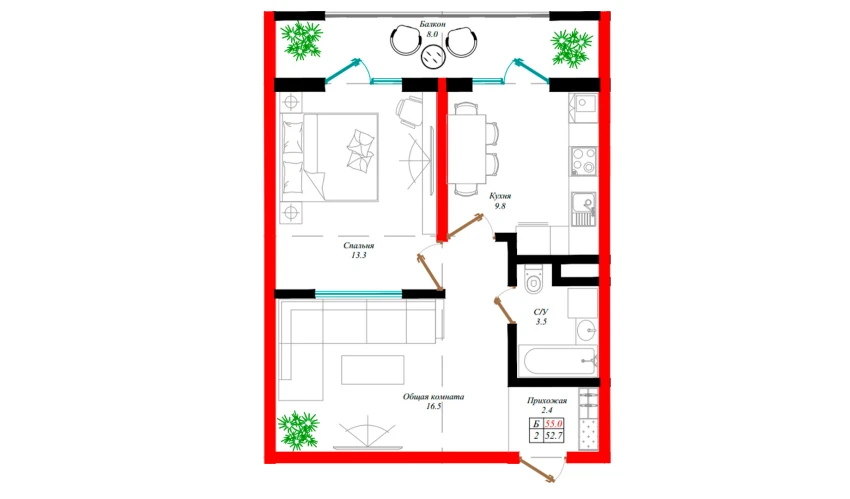 2-комнатная квартира 52.7 м²  10/12 этаж | Жилой комплекс Aman Residence