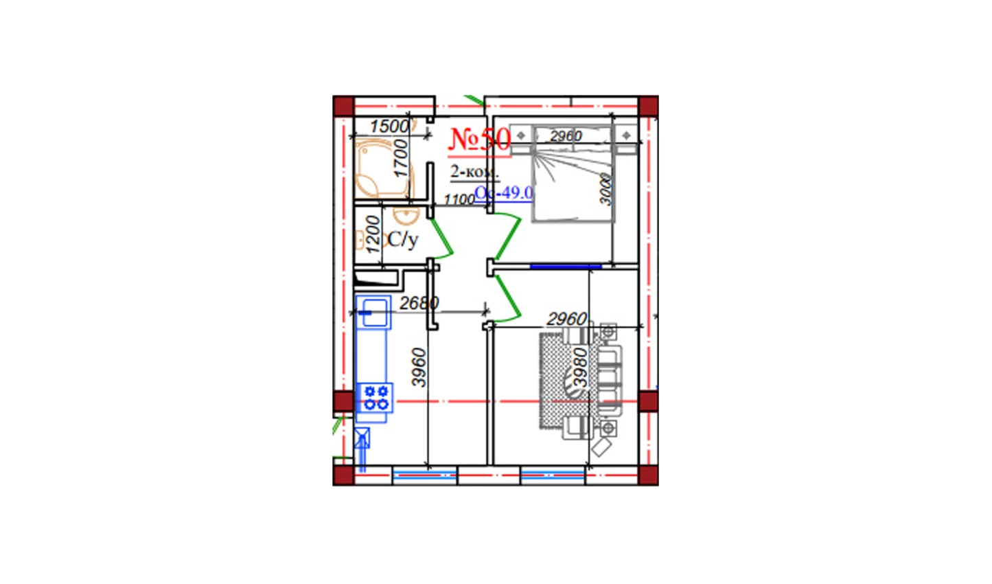 2-xonali xonadon 49 m²  3/9 qavat | ZAR ZAMONAVIY UYLAR Turar-joy majmuasi