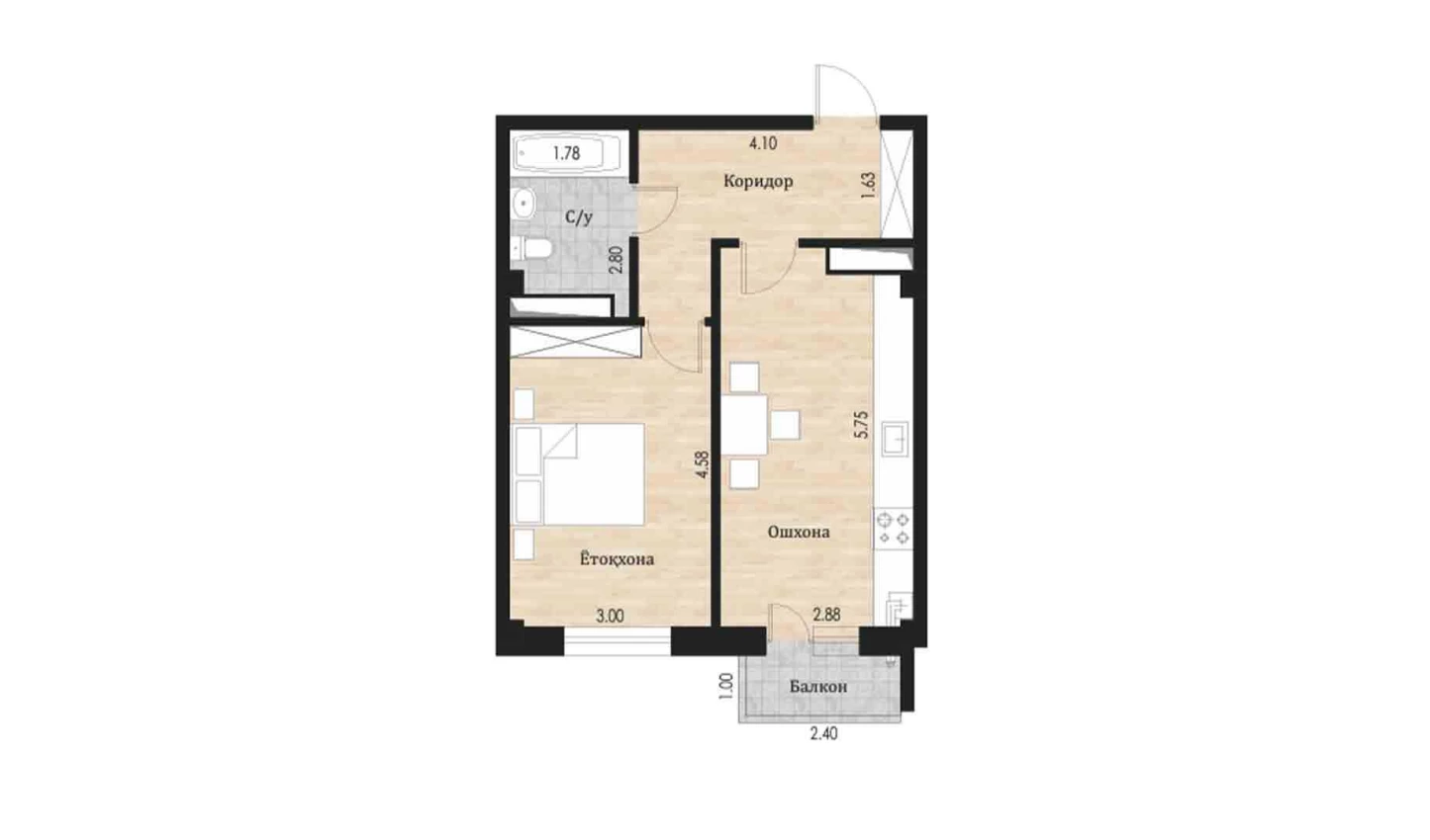 1-комн. квартира 45.41 м²  2/10 этаж | Жилой комплекс Ko'kcha-Oqtepa