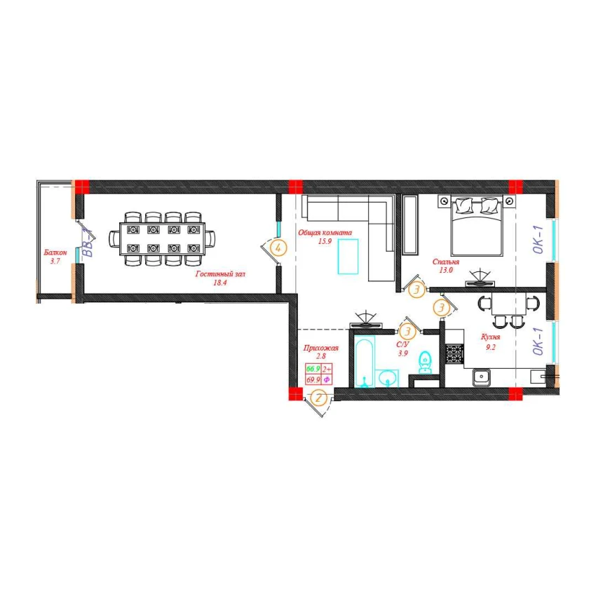 2-xonali xonadon 69.9 m²  7/12 qavat | CHINARA PARK Turar-joy majmuasi