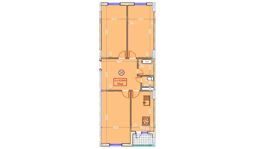 3-комнатная квартира 94 м²  7/9 этаж | Жилой комплекс XUMO